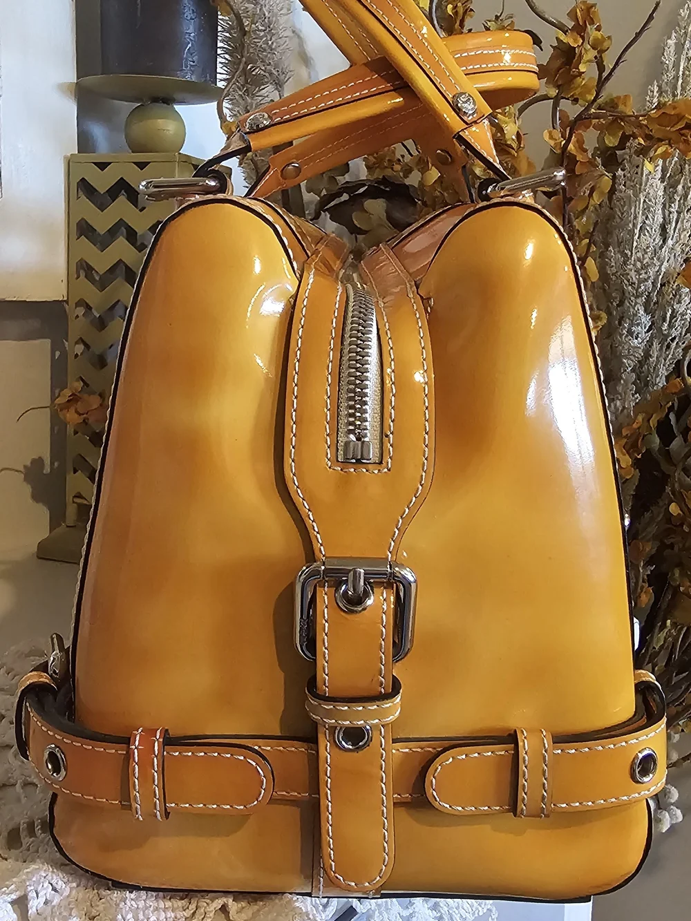 MCM Yellow Patent Leather Boston Satchel Bag